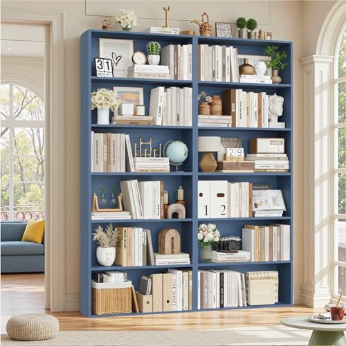 FOTOSOK 6 Tier Tall Bookshelf and Bookcase, Open Display Shelves, Blue 2PK