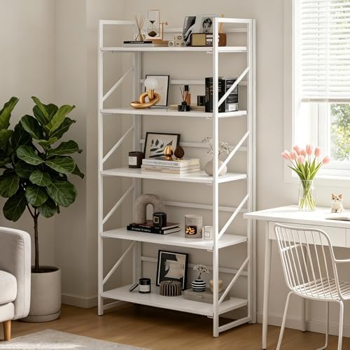 JSB No Assembly Folding Bookshelf, 5 Tier Industrial Metal Book Shelf for Sto...