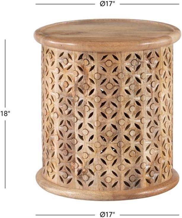 MAKLAINE Transitional Wood Hand Carved Side Table in Natural