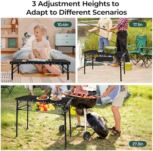 3ft Folding Camping Table with 3 Adjustable Height Max 27.3 Inch
