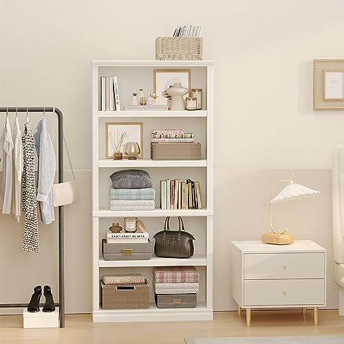blini 5-Shelf Tall Bookcase White Wooden Bookshelves 33in Wide 5 Tier Bookcas...