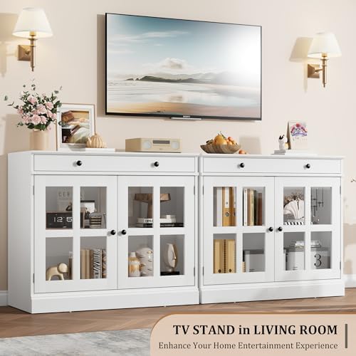 GarveeHome Modern 35.4" Sideboard Buffet Cabinet with Glass Door, White
