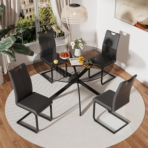 RGZ 5 Pieces Modern Round Kitchen Set, Clear Grey Circle Glass Dining Table w...