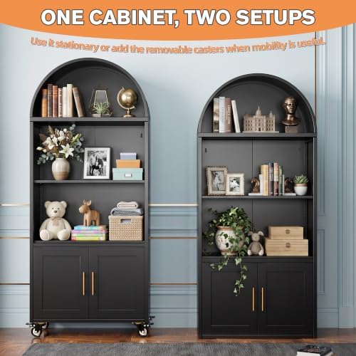 72.3" H Arched Bookshelf with Doors, Metal Arched Bookcase