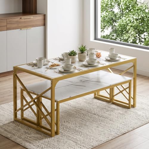 VECELO 55” Kitchen Dining Table Set for 4, Heavy-Duty Steel Frame & Wood-...
