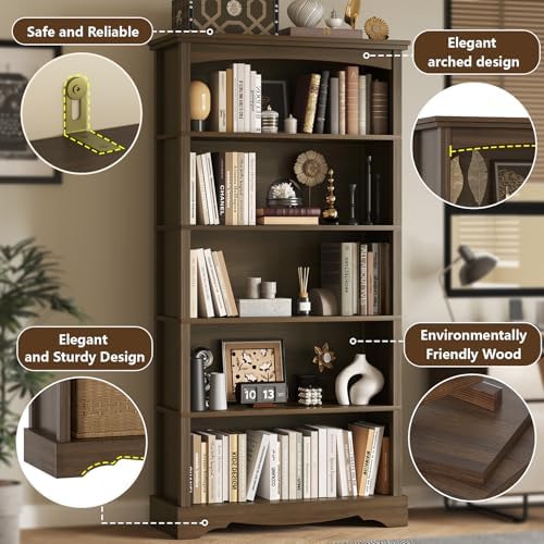 TVU 5-Tier Wooden Bookshelf, 31.5" W x 65" H ×9.9" D Bookshelf...