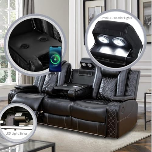 Power Recliner Set with LED Lights, Air Leather Reclining Set with USB Port/W...