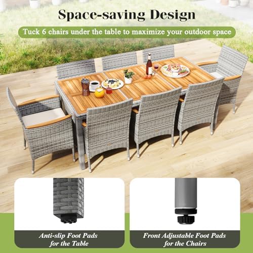 Tangkula 9 Pieces Patio PE Wicker Dining Set, Outdoor Acacia Wood Table and C...