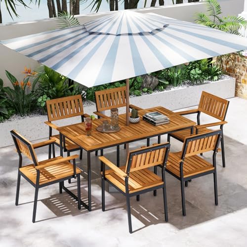Tangkula 7 Piece Outdoor Dining Set for 6, Acacia Wood Rectangular Dining Tab...