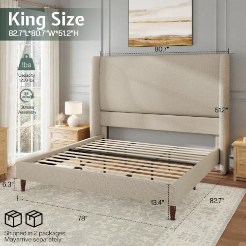 Jocisland King Bed Frame Linen Upholstered Wingback Headboard, Brown