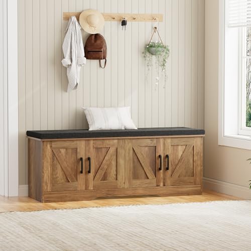 HOMSHO Farmhouse Shoe Storage Bench with 4 Barn Doors & Padded Seat Cushi...