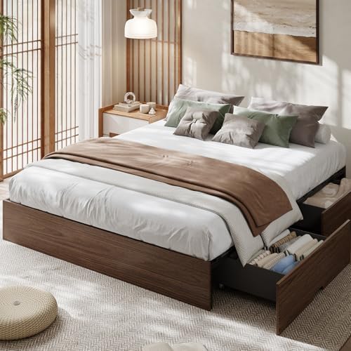 GarveeHome Wood Platform Bed Frame, Queen Bed Frame with 2 Drawers