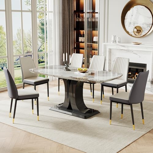 Modern Dining Table Set for 6, Marble Kitchen Table Chair Set for 6, Rectangu...