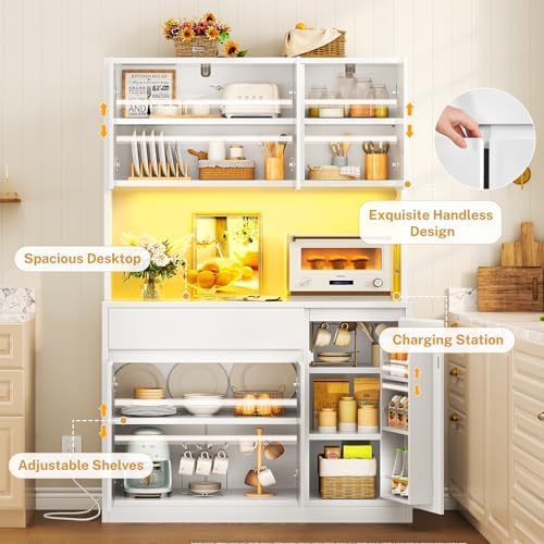 TEENFON Pantry Cabinet with Charging Station and LED Light, Kitchen Pantry Ca...