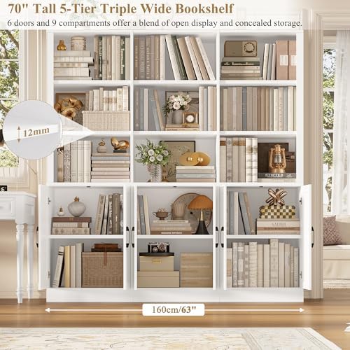 FINETONES 70” H x 63” W Triple Wide Bookshelf, Tall Bookcase with 6 Doors