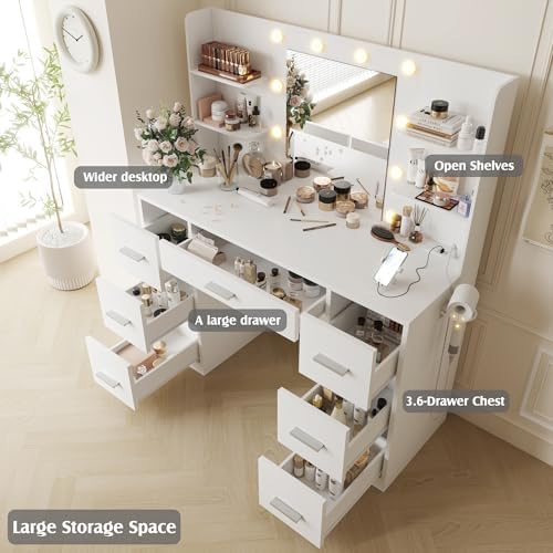YESHOMY Vanity Desk with Mirror, Outlet, 10 Lights & 7 Drawers,Pure White...