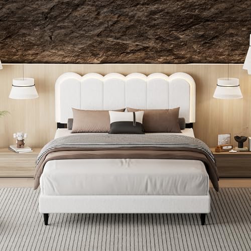 Peanu Queen Boucle Bed Frame, Petal Headboard, Ambient Light, White