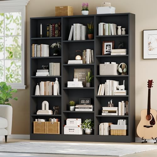 ELYKEN Triple Wide Bookshelf, Large 6 Tier Bookcase with 17 Shelves, Black