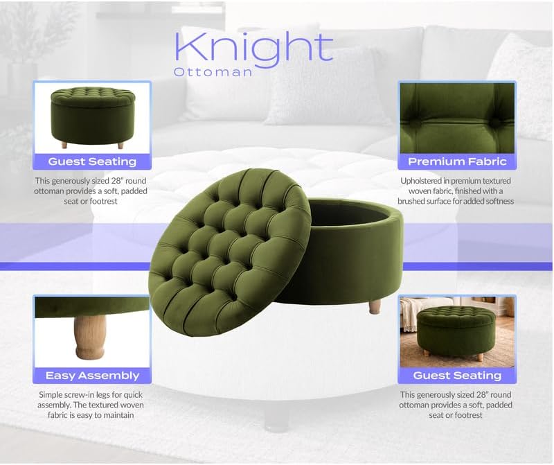 Niche Knight 28-Inch Large Round Pintucked Storage Ottoman with Lift-Off Lid,...