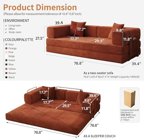 78.8" Couch for Living Room, Futon Sleeper Sofa Bed | Convertible Sofa B...