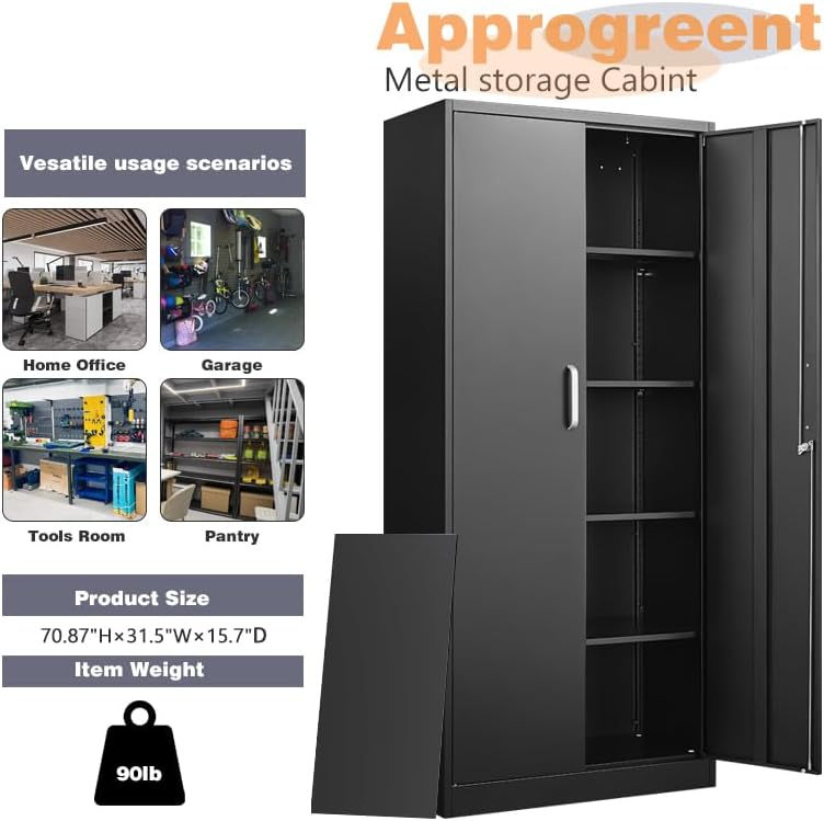 Approgreent Metal Storage Cabinet with Adjustable Shelves, Garage Cabinet wit...