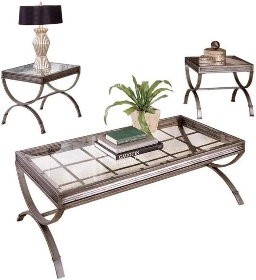 BOWERY HILL 3 Piece Coffee and End Table Set, Silver Finish, Metal Hourglass ...
