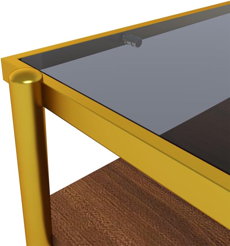 Rectangle Coffee Table with Gray Tempered Glass Top and Golden Legs, Modern T...