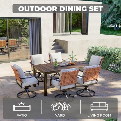 Grand patio 7-Piece Outdoor Dining Set, 6 Leather-Look Resin Wicker Swivel Pa...