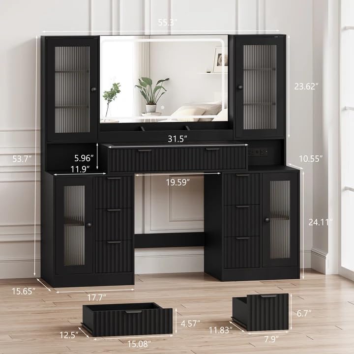 Fluted Makeup Vanity Desk with Mirror and Lights, 55" Glass Top Vanity w...