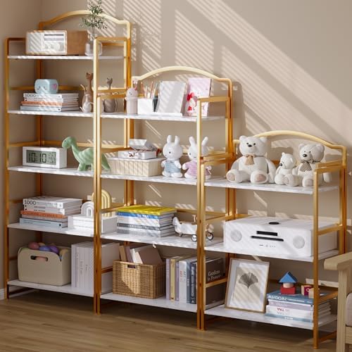 JSB 5 Tier No Assembly Folding Bookshelf, Arched Bookshelf, Foldable Bookcase...