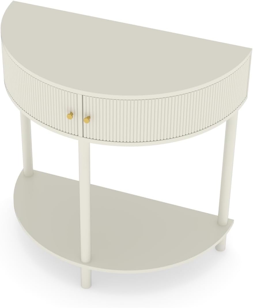 Artisan-Crafted Wave-Pattern Demi-Lune Console Table with Creamy White Finish...