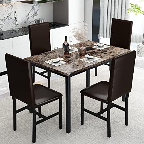 AWQM 5 Piece Dining Table Set for 4,Faux Marble Kitchen Table and Chairs for ...