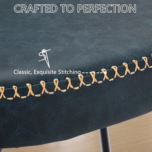 Rattan Dining Chairs Set of 2, Blue Leather Upholstered Dining Chairs with Ra...