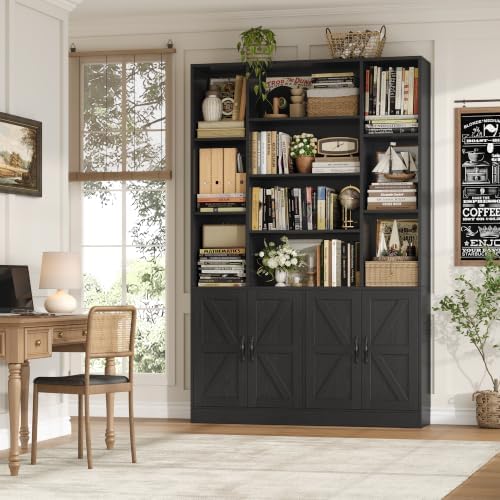 HOSTACK 72" Tall Bookshelf, Large Farmhouse Bookcase with Storage, Black