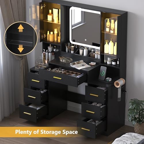 Wodeer Black Makeup Vanity Desk with Mirror & Lights, Modern Vanity Table...