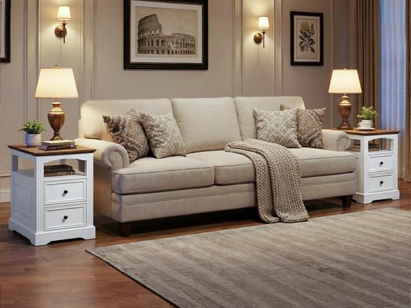 RALGEND Farmhouse End Table with 2 Drawers, Narrow Sofa Side Table with Stora...