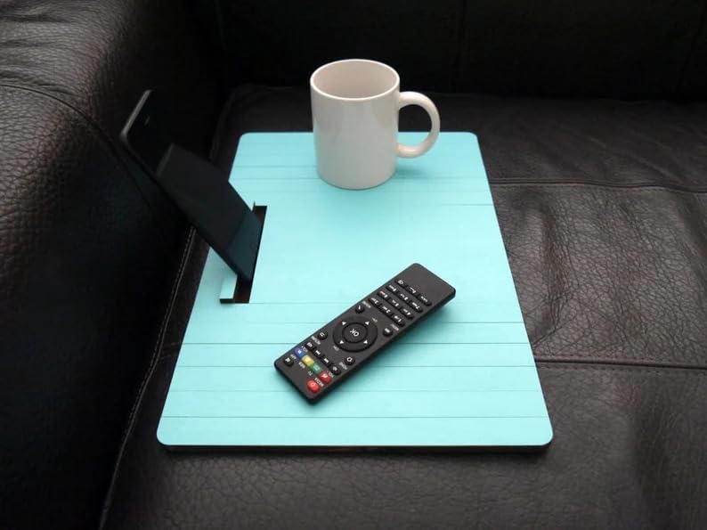 Turquoise Sofa Armrest Tray Table, Foldable Wood Snack Holder with Phone Slot...