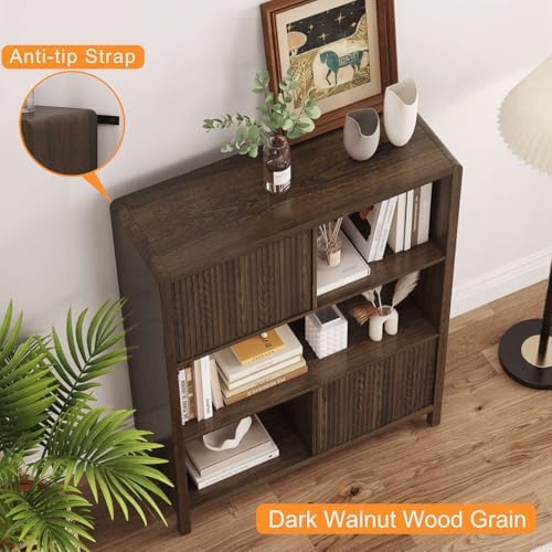 FATORRI Bookshelf with 2 Fluted Wooden Doors, Farmhouse Modern Accent Bookcas...