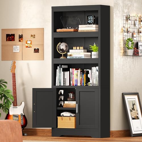 Book Shelf and Bookcase with Doors, 5-Tier Display Storage Cabinet with Adjus...