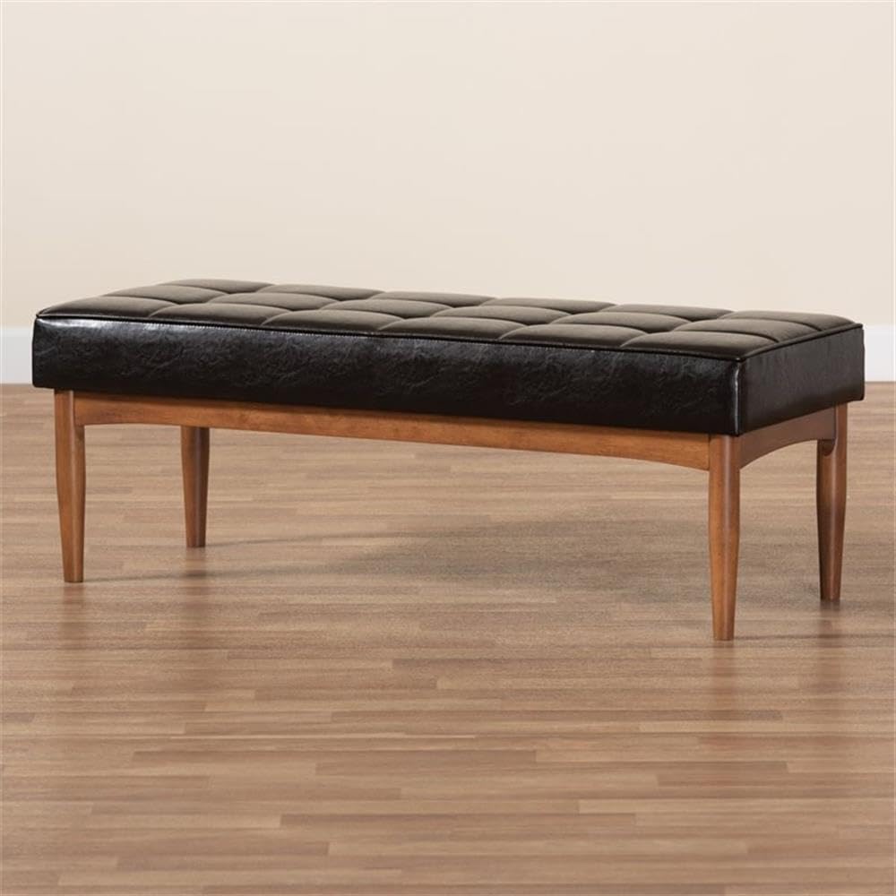 BOWERY HILL Wood Dining Bench, Walnut Brown Finish, Faux Leather Upholstery, ...