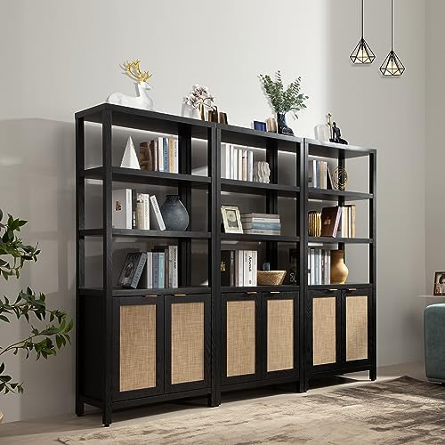 SICOTAS 71" Tall Rattan Bookshelf with Doors for Living Room Library