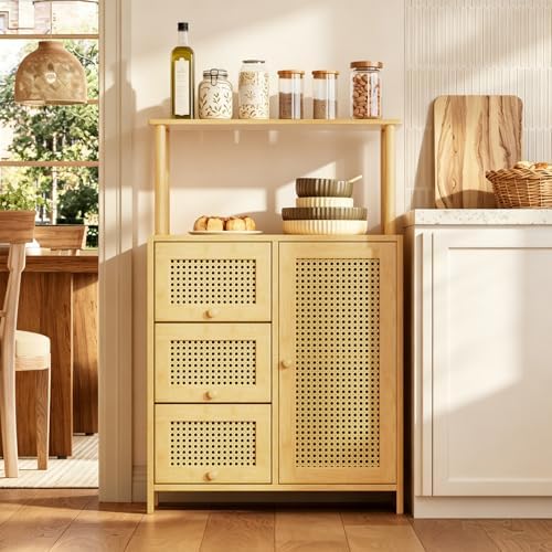 Amazer Sideboard Buffet Cabinet with Storage, Bamboo Storage Cabinets, Rattan...