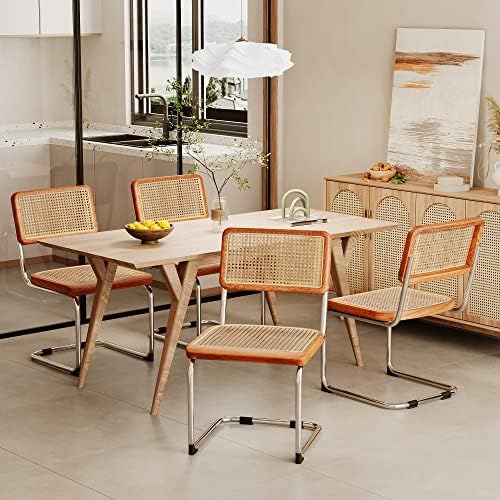 Dining Chairs Set of 2,Natural Rattan Seat Kitchen Accent Side Chair-Brown