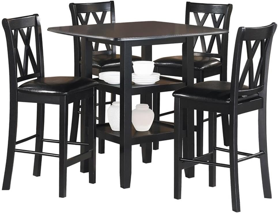 MAKLAINE 5 Piece Solid Wood Counter Height Dining Set, Black Finish, Table wi...