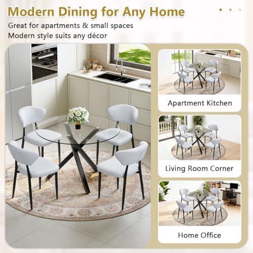 Round Glass Dining Table Set for 4, 39" Black Metal Base, PU Chairs | 5-...