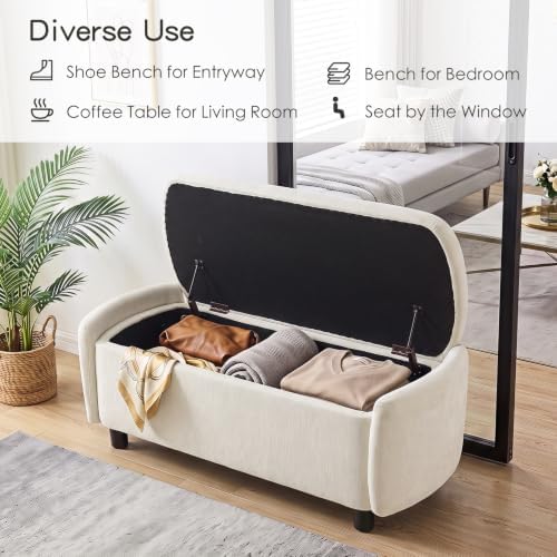 Furniliving 46.5‘’ Chenille Storage Bench, Button-Tufted Upholstered Storage ...
