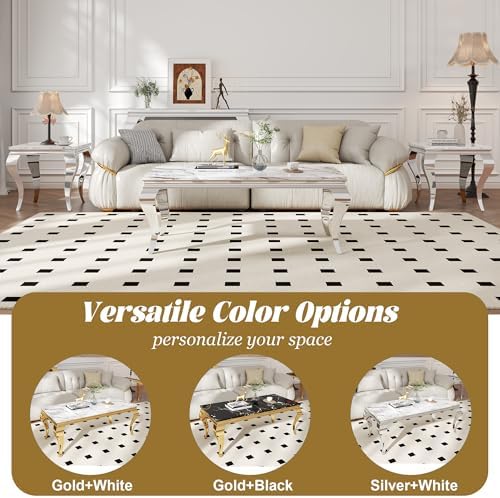 3 Piece Marble Living Room Table Set with 1 Coffee Table, 1 Console Sofa Tabl...