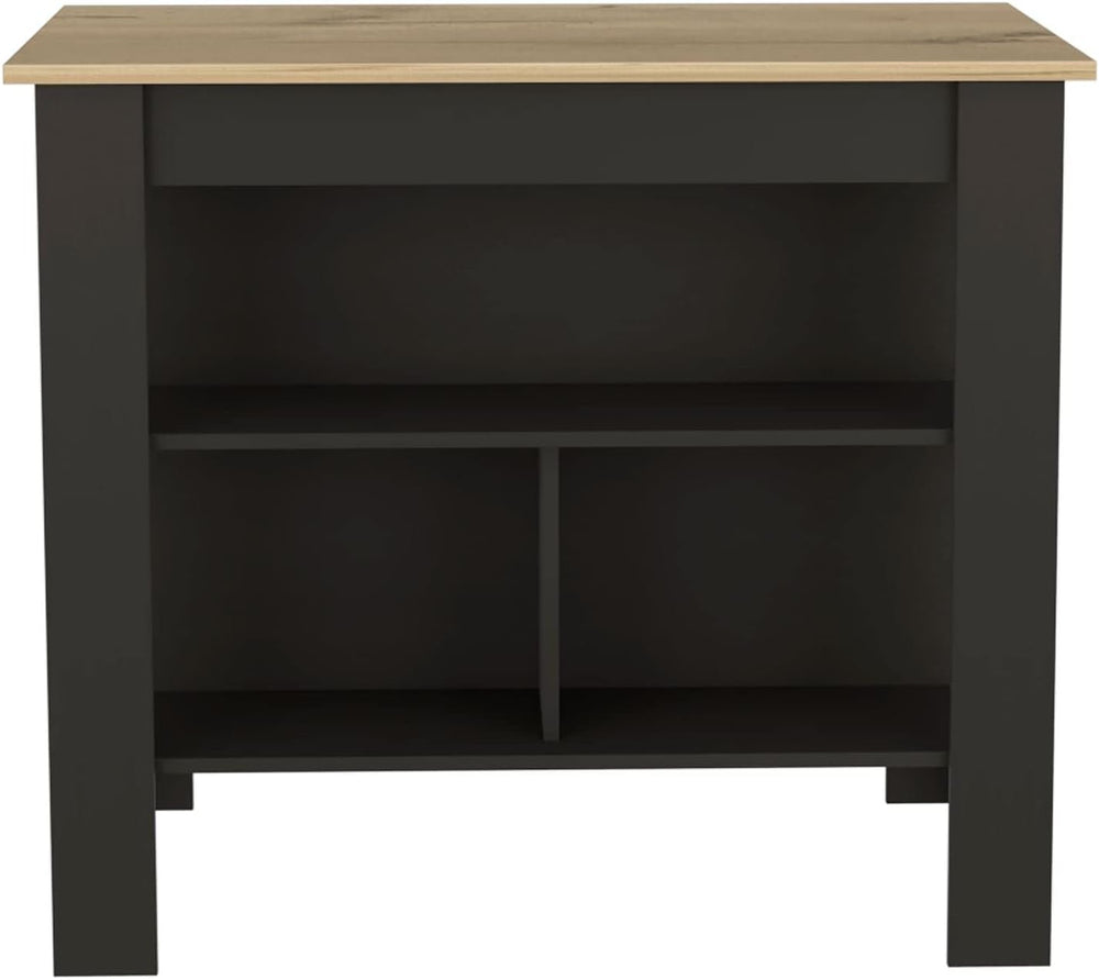 Kitchen Island with Open Shelves, Black and Light Oak, 103 cm | 3 Storage She...
