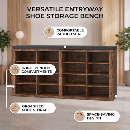 Shoe Rack Bench, Shoe Storage Bench with Cushion, Shoe Organizer 16 Cubbies f...