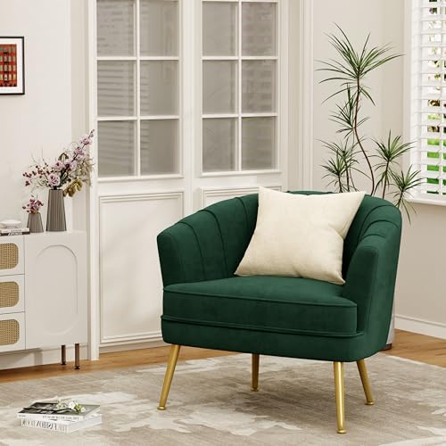 Andeworld Velvet Accent Chair, Barrel Armchair, Green | Velvet Upholstery, Go...